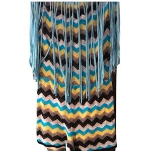 Woodleigh size medium vintage multi colored knit romper with fringe detail